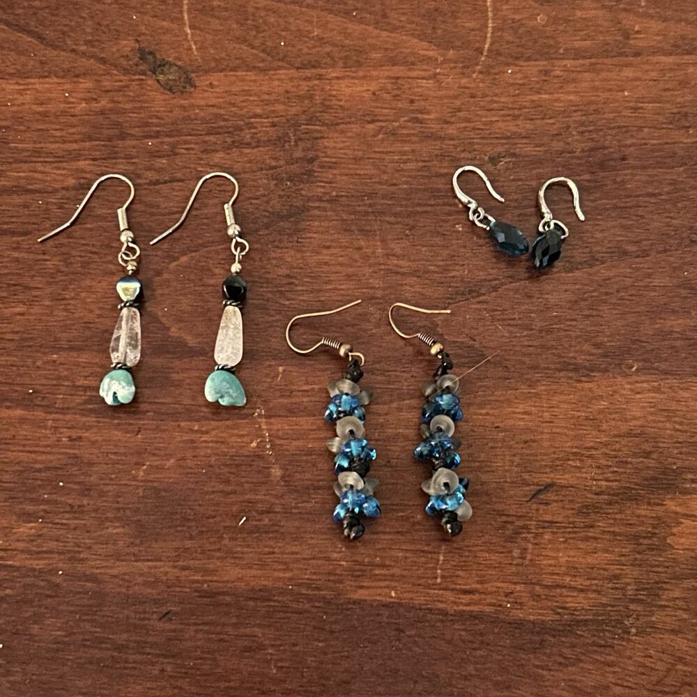 Lot Of 3 Handmade Earrings Dangle Beaded Boho Blue Black